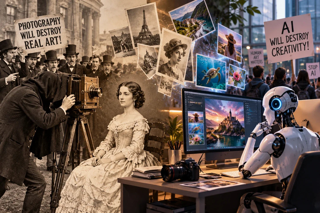 Conceptual illustration comparing early photography and modern AI art, with cameras, portraits and imagined protest scenes.