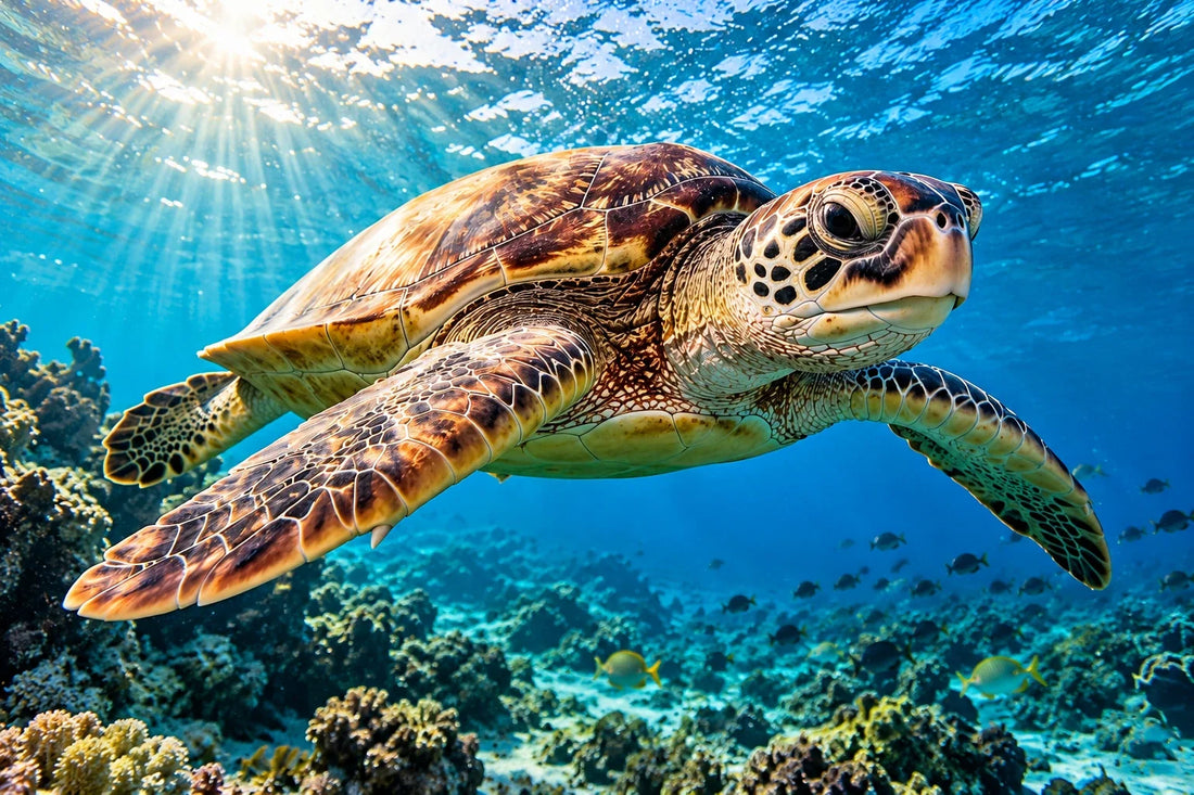 Sea turtle swimming above a coral reef in sunlit blue water.