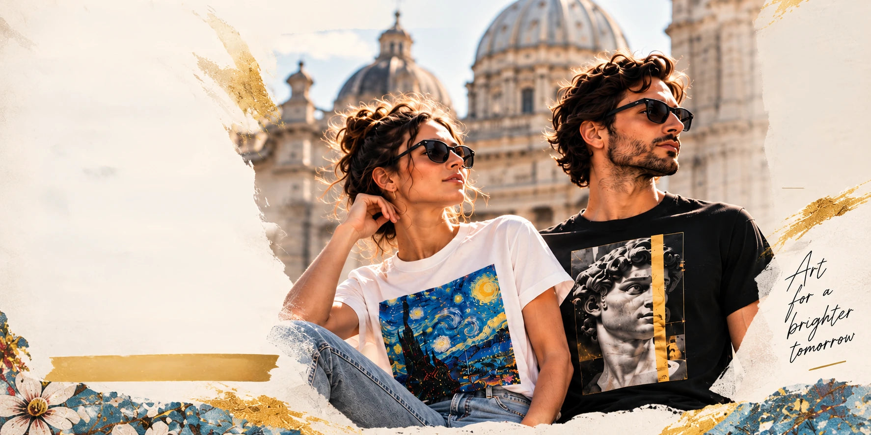 Two people wearing art-inspired GoldTurtleLina T-shirts in Rome. Art for a brighter tomorrow.
