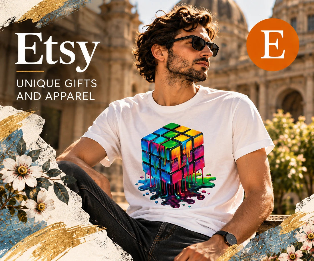Etsy — UNIQUE GIFTS AND APPAREL. Man wearing a white T-shirt with a colorful melting cube design.