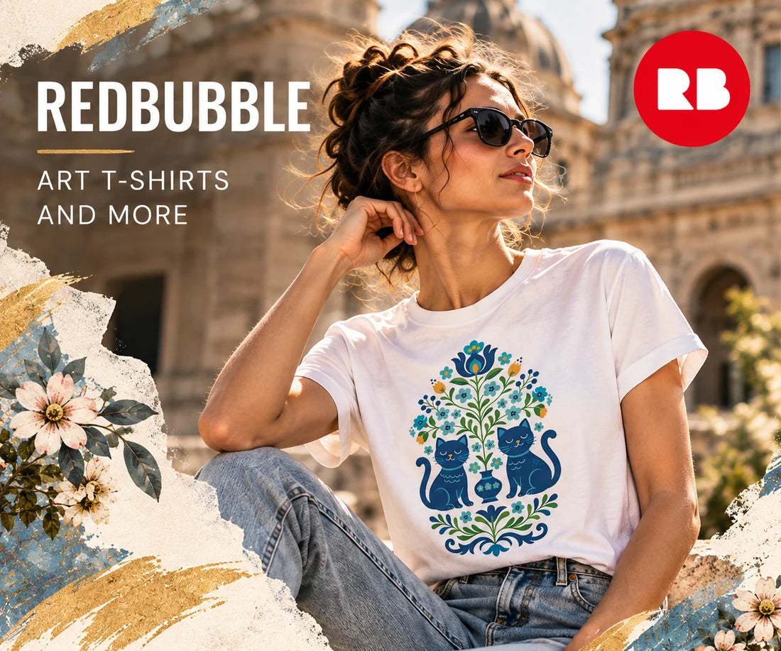 REDBUBBLE — ART T-SHIRTS AND MORE. Woman wearing a white T-shirt with a floral cat design.