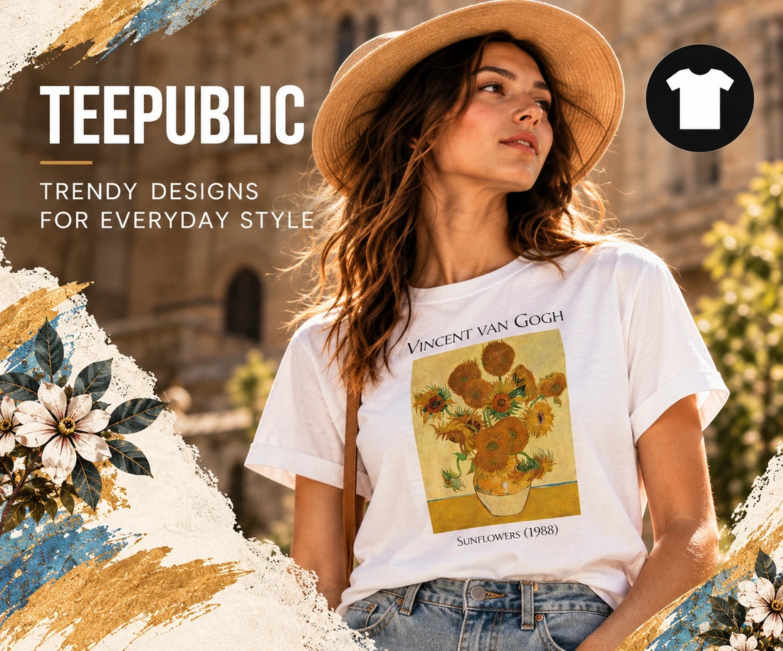 TEEPUBLIC — TRENDY DESIGNS FOR EVERYDAY STYLE. Woman wearing a white T-shirt with a sunflower design.